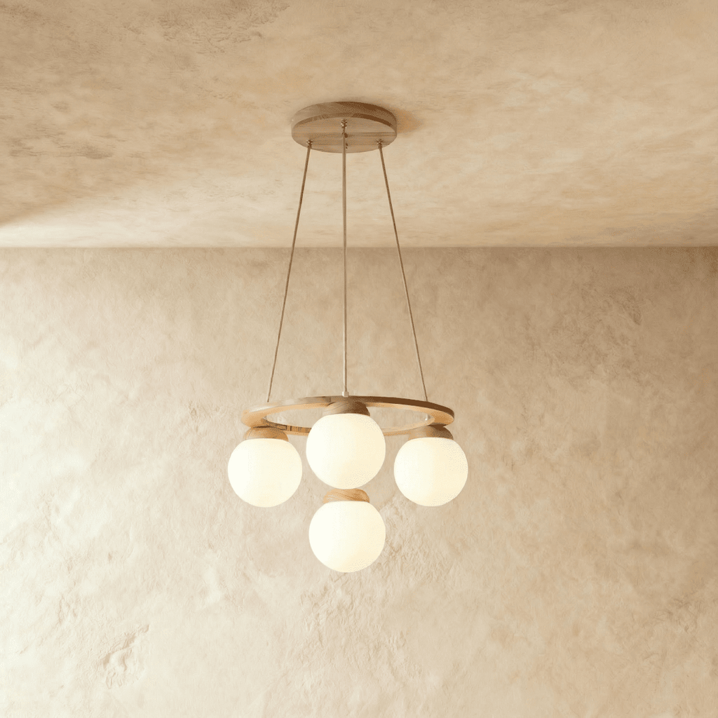 Lumen Drift Orb Chandelier With Wood Ring And Frosted Glass Globes