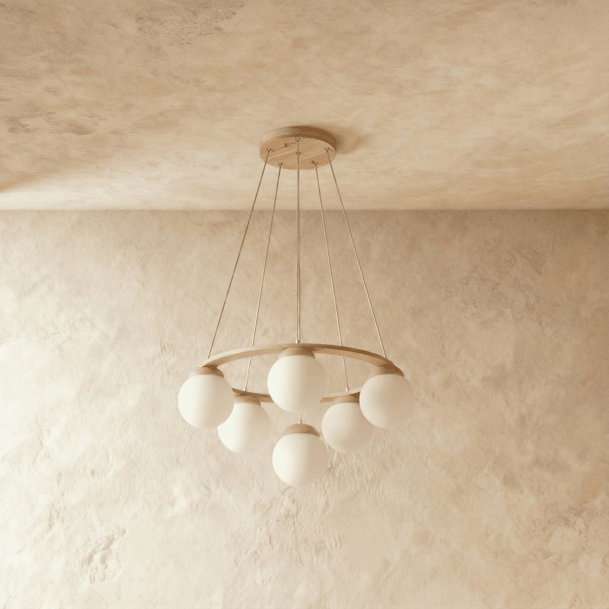 Lumen Drift Orb Chandelier With Wood Ring And Frosted Glass Globes