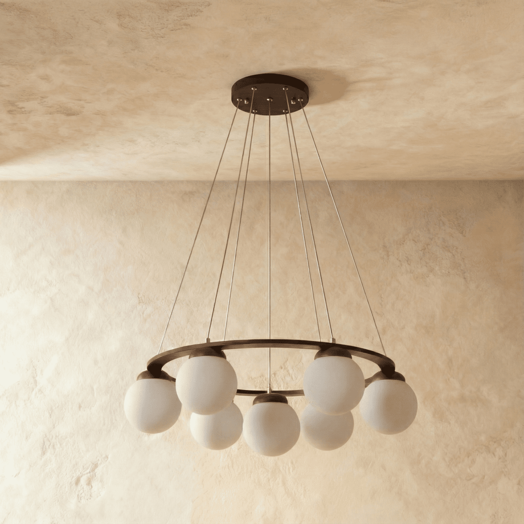 Lumen Drift Orb Chandelier With Wood Ring And Frosted Glass Globes