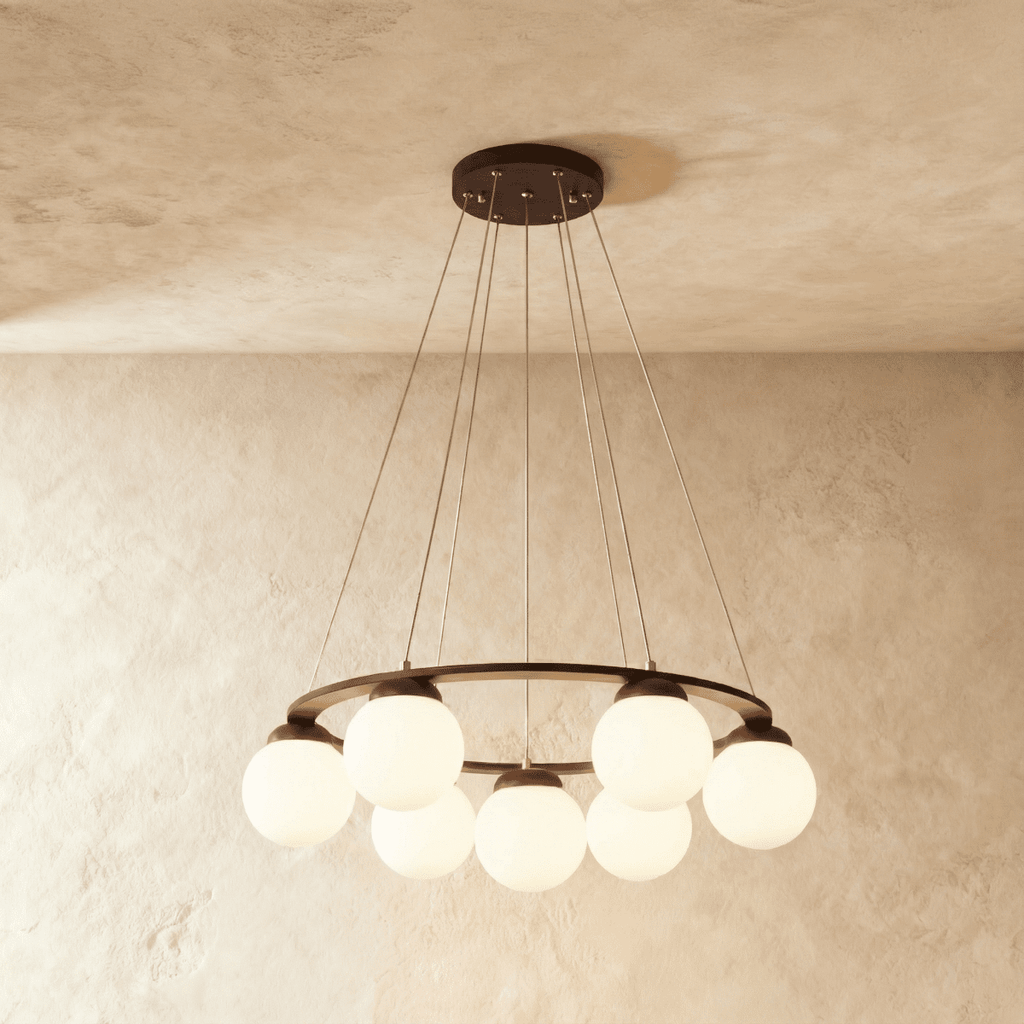 Lumen Drift Orb Chandelier With Wood Ring And Frosted Glass Globes