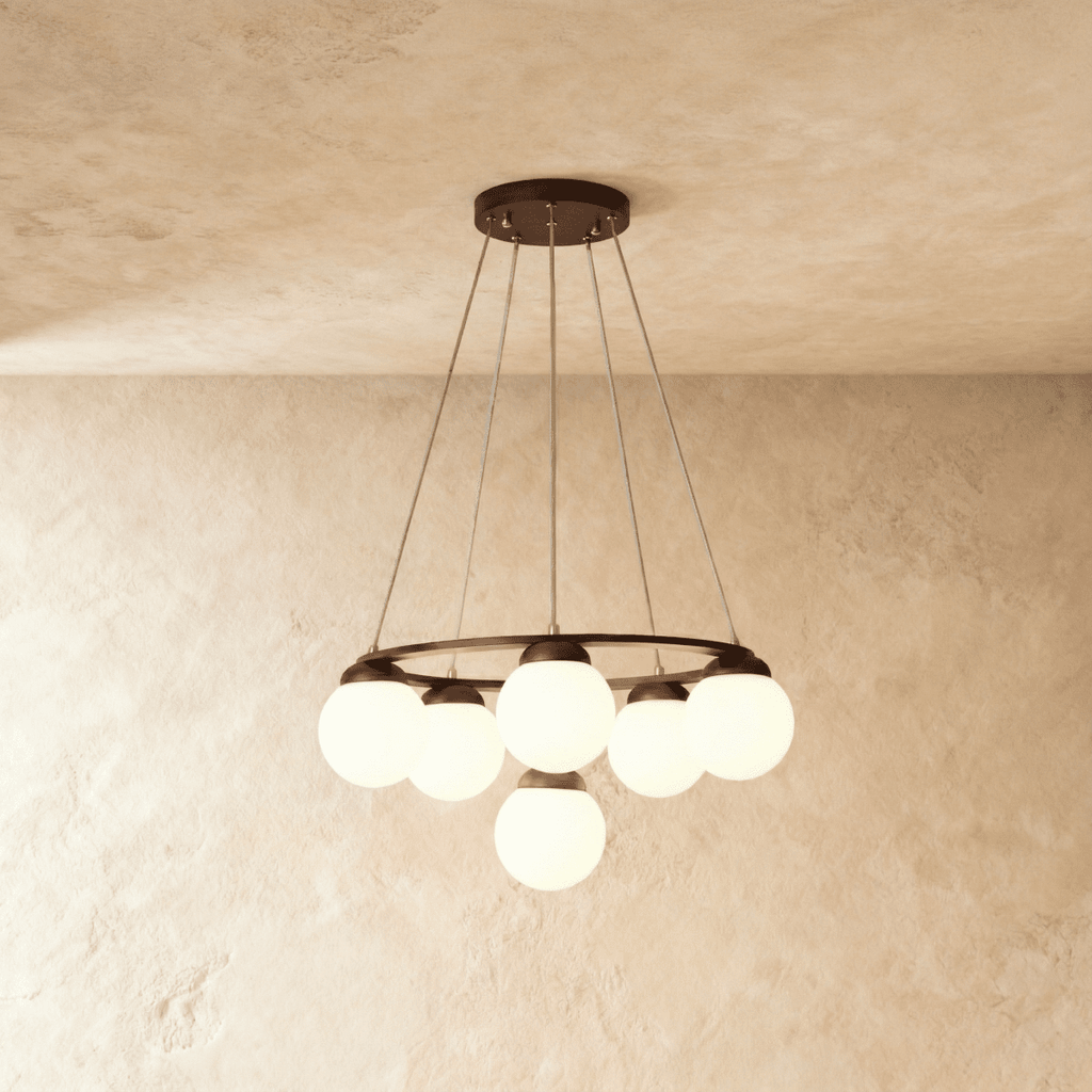 Lumen Drift Orb Chandelier With Wood Ring And Frosted Glass Globes
