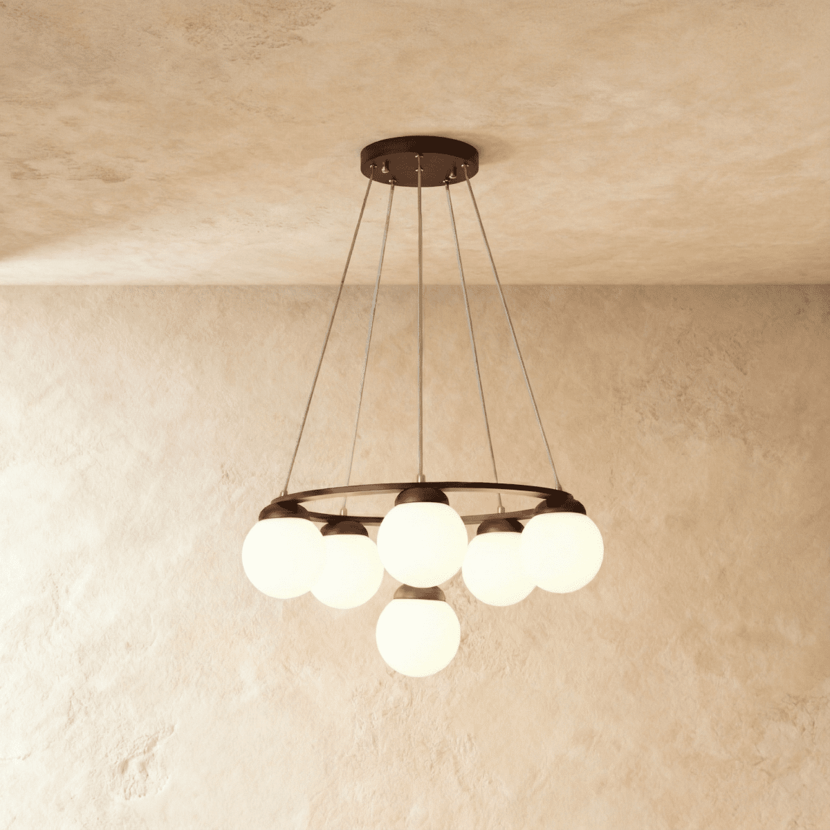 Lumen Drift Orb Chandelier With Wood Ring And Frosted Glass Globes