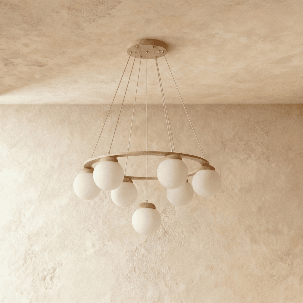 Lumen Drift Orb Chandelier With Wood Ring And Frosted Glass Globes