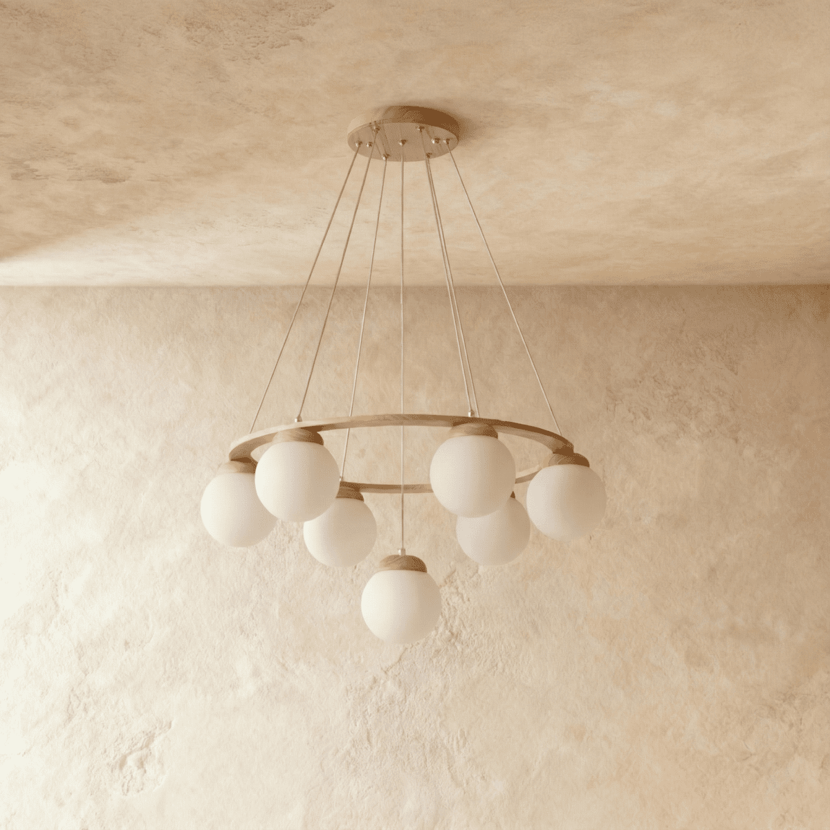 Lumen Drift Orb Chandelier With Wood Ring And Frosted Glass Globes