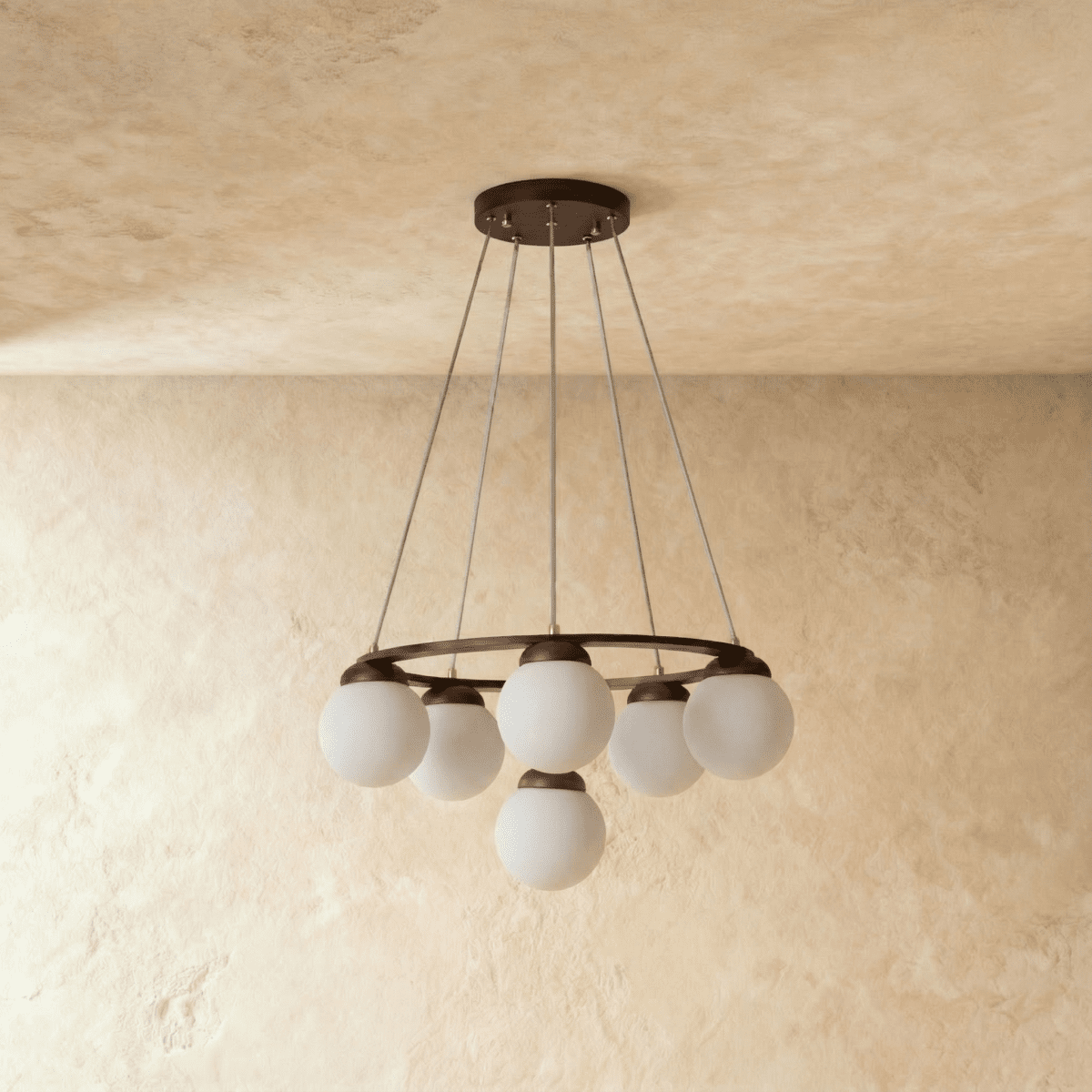 Lumen Drift Orb Chandelier With Wood Ring And Frosted Glass Globes