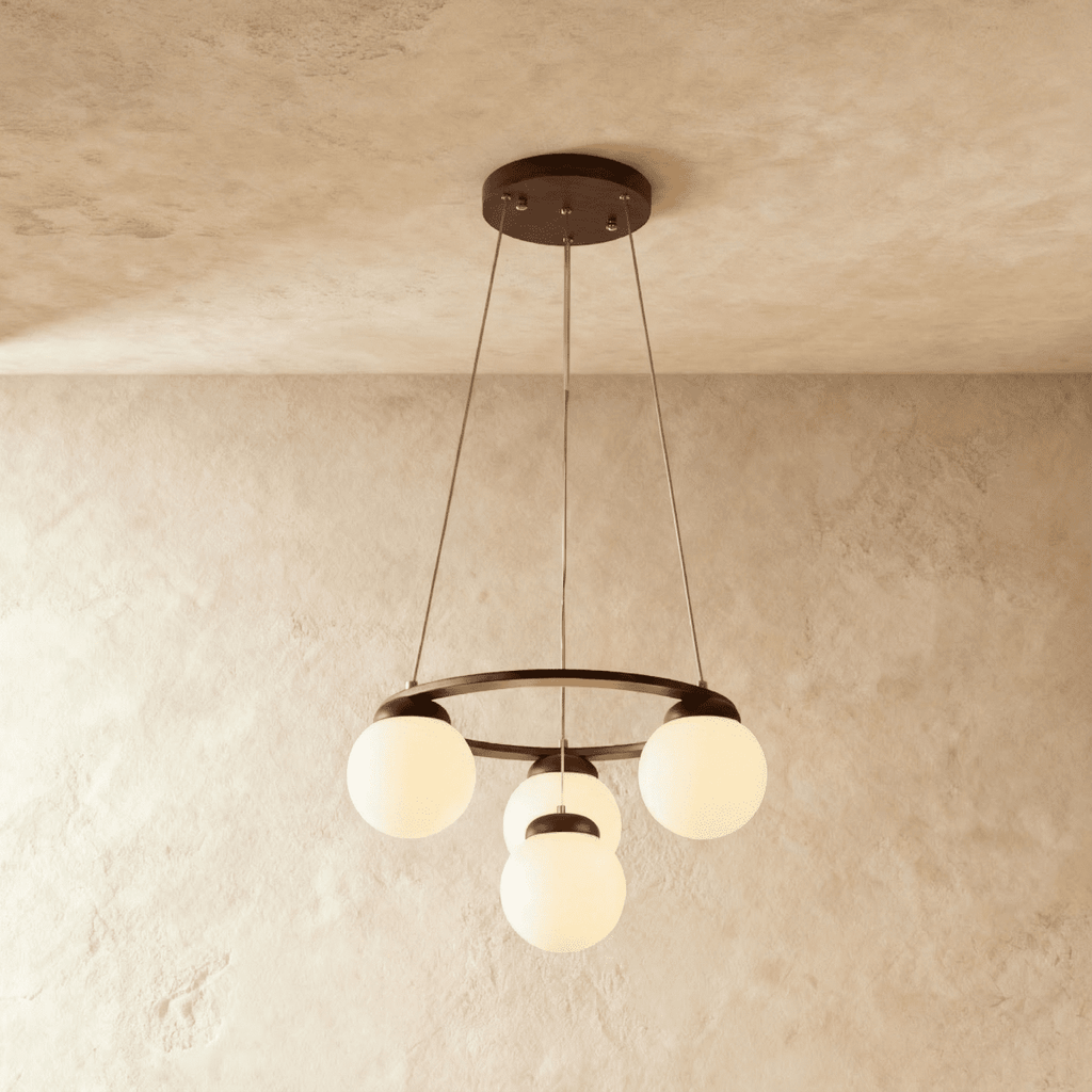 Lumen Drift Orb Chandelier With Wood Ring And Frosted Glass Globes