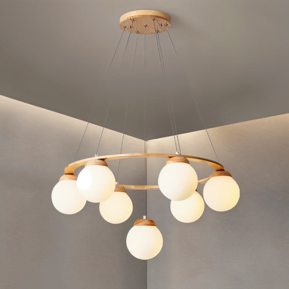 Lumen Drift Orb Chandelier With Wood Ring And Frosted Glass Globes