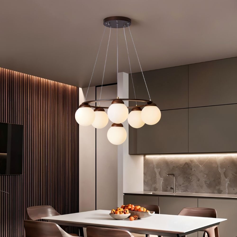 Lumen Drift Orb Chandelier With Wood Ring And Frosted Glass Globes