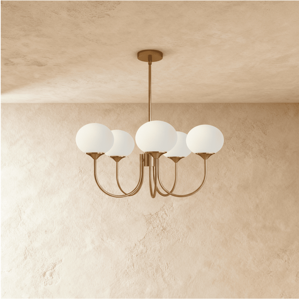Gold Finish Chandelier With Glass Shades In Peach Pink Or White