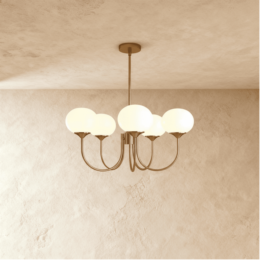 Gold Finish Chandelier With Glass Shades In Peach Pink Or White