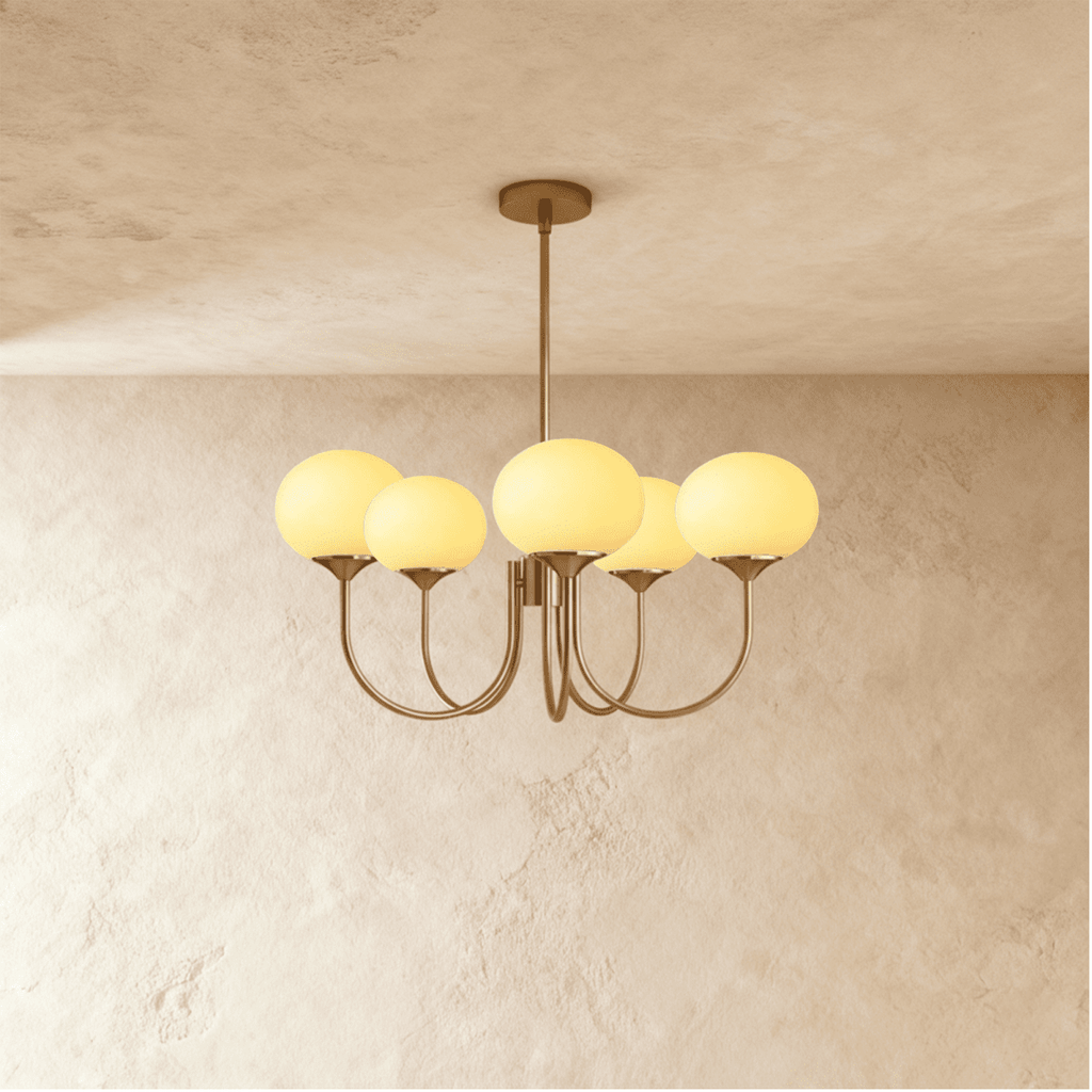Gold Finish Chandelier With Glass Shades In Peach Pink Or White