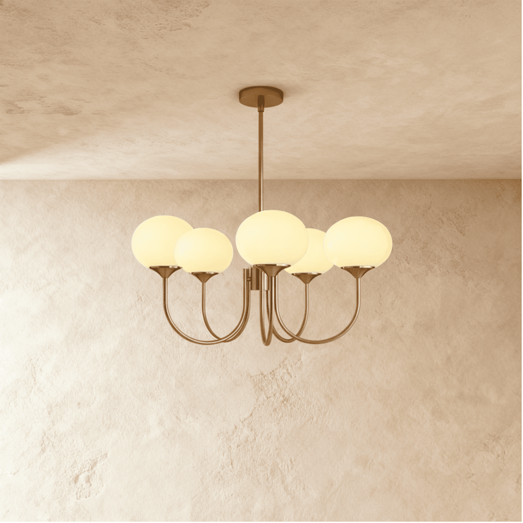 Gold Finish Chandelier With Glass Shades In Peach Pink Or White
