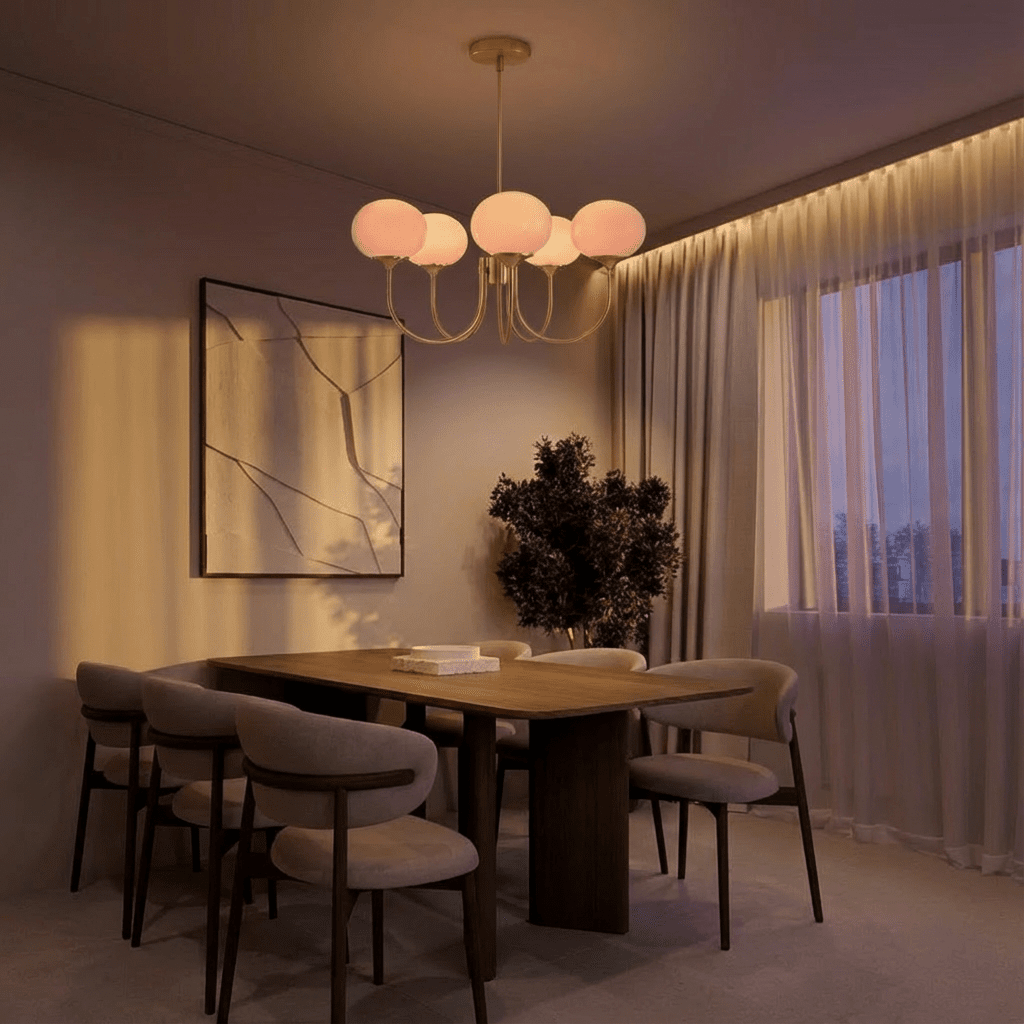 Gold Finish Chandelier With Glass Shades In Peach Pink Or White