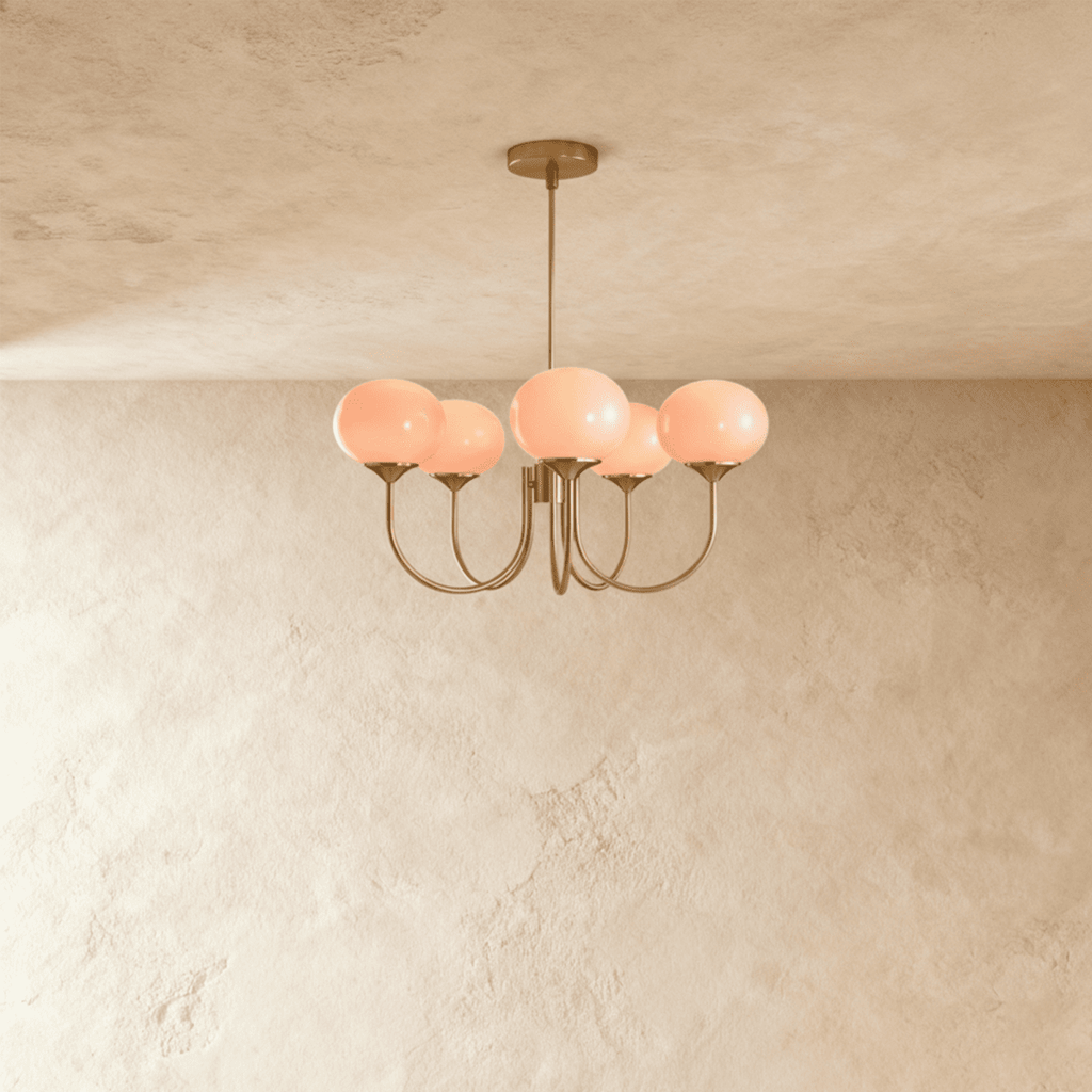 Gold Finish Chandelier With Glass Shades In Peach Pink Or White