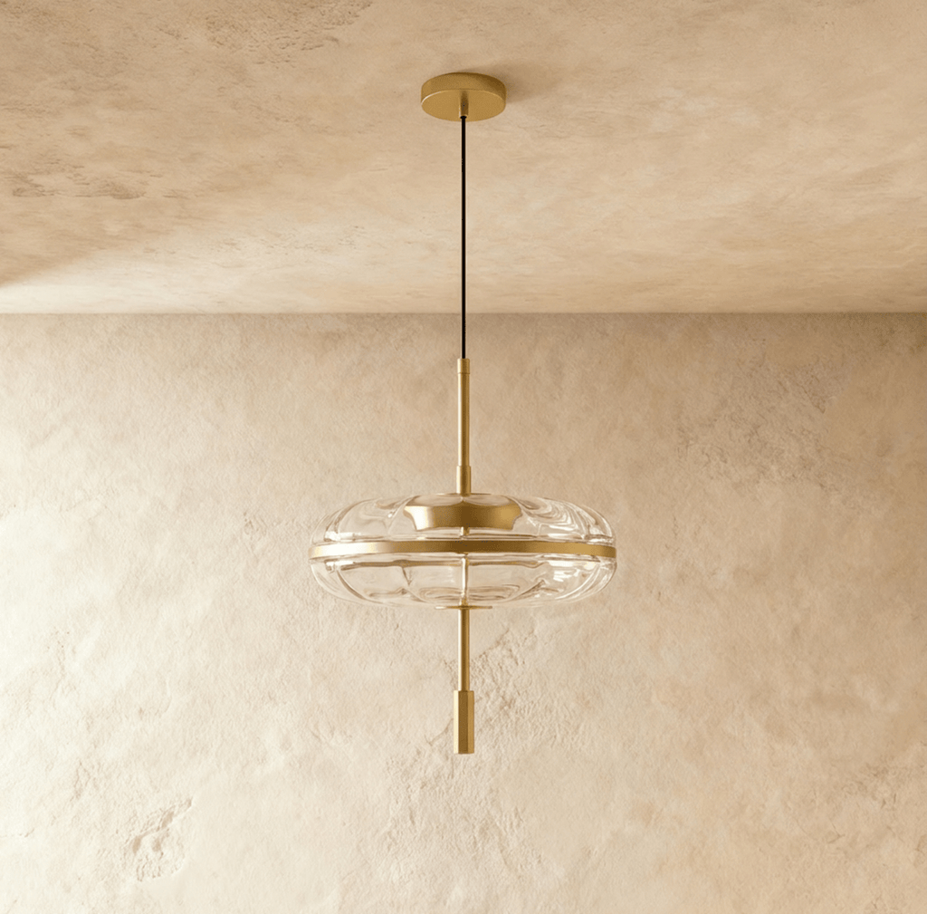 Rippled Glass Pendant Light With Sculptural Metal Frame And Soft Glow