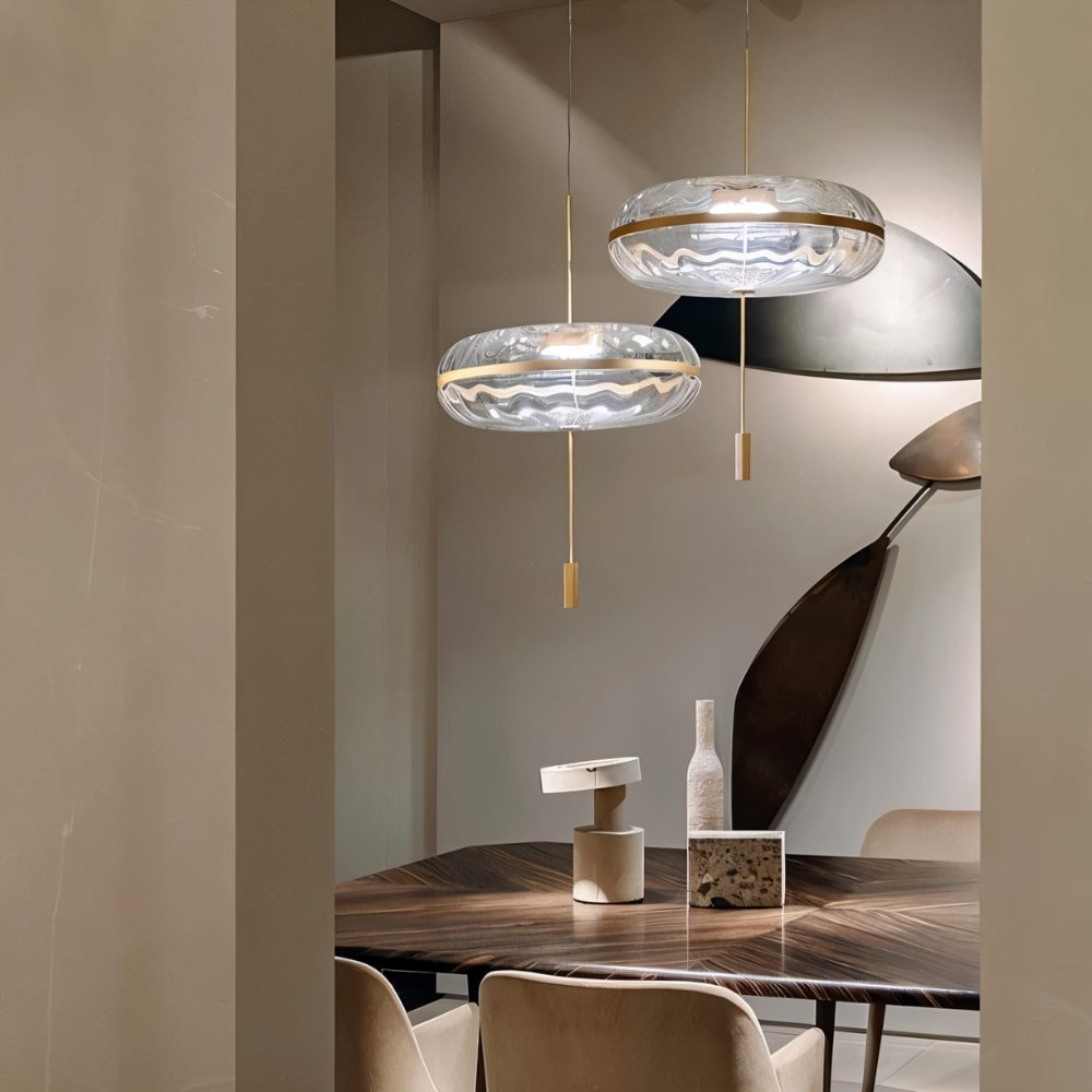 Rippled Glass Pendant Light With Sculptural Metal Frame And Soft Glow