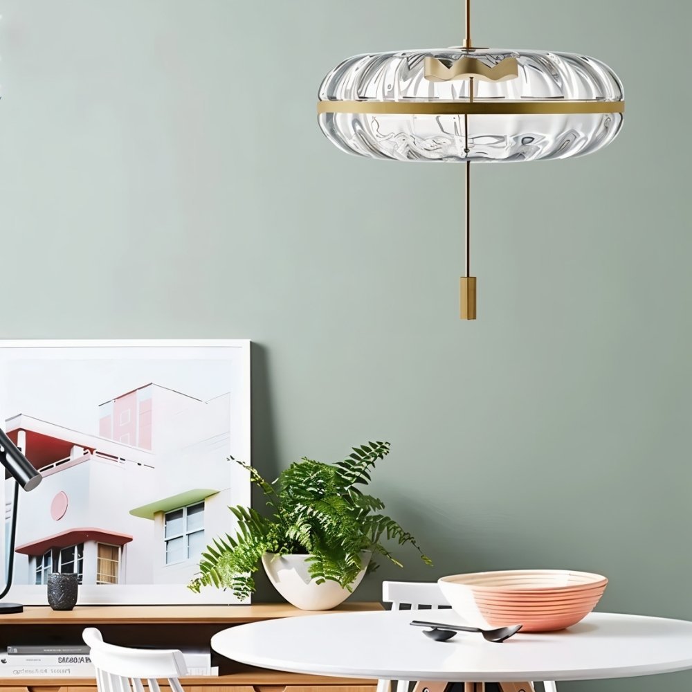 Rippled Glass Pendant Light With Sculptural Metal Frame And Soft Glow