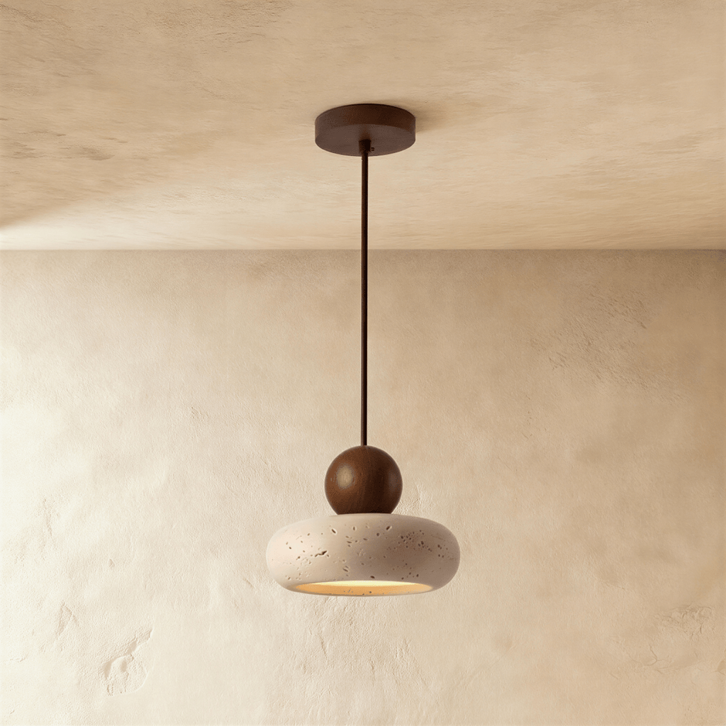 TerraLume Travertine And Wood Pendant Light With Soft Warm Glow