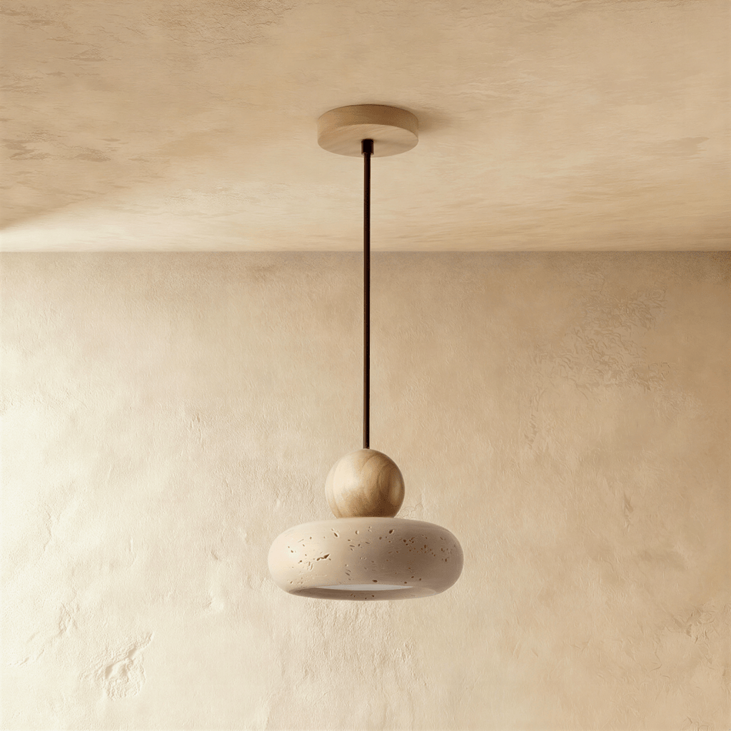 TerraLume Travertine And Wood Pendant Light With Soft Warm Glow