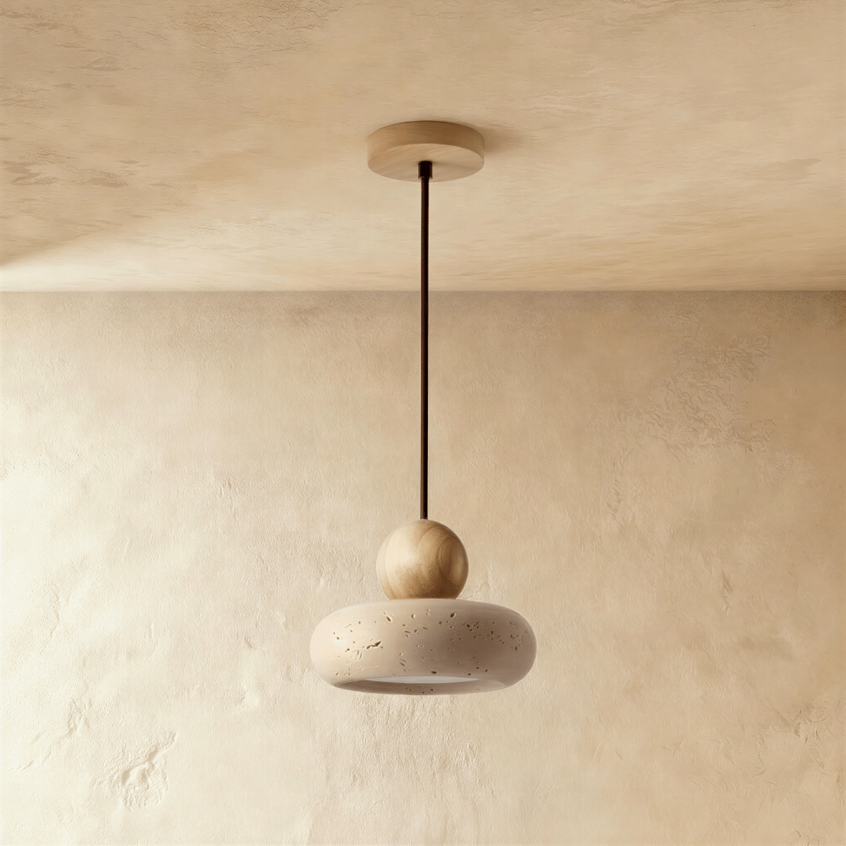 TerraLume Travertine And Wood Pendant Light With Soft Warm Glow