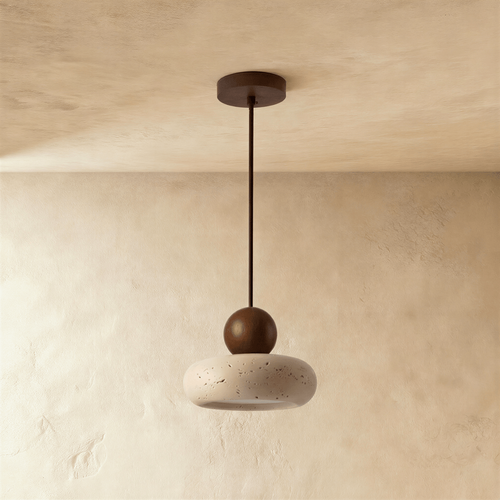 TerraLume Travertine And Wood Pendant Light With Soft Warm Glow