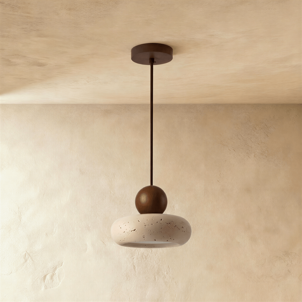 TerraLume Travertine And Wood Pendant Light With Soft Warm Glow