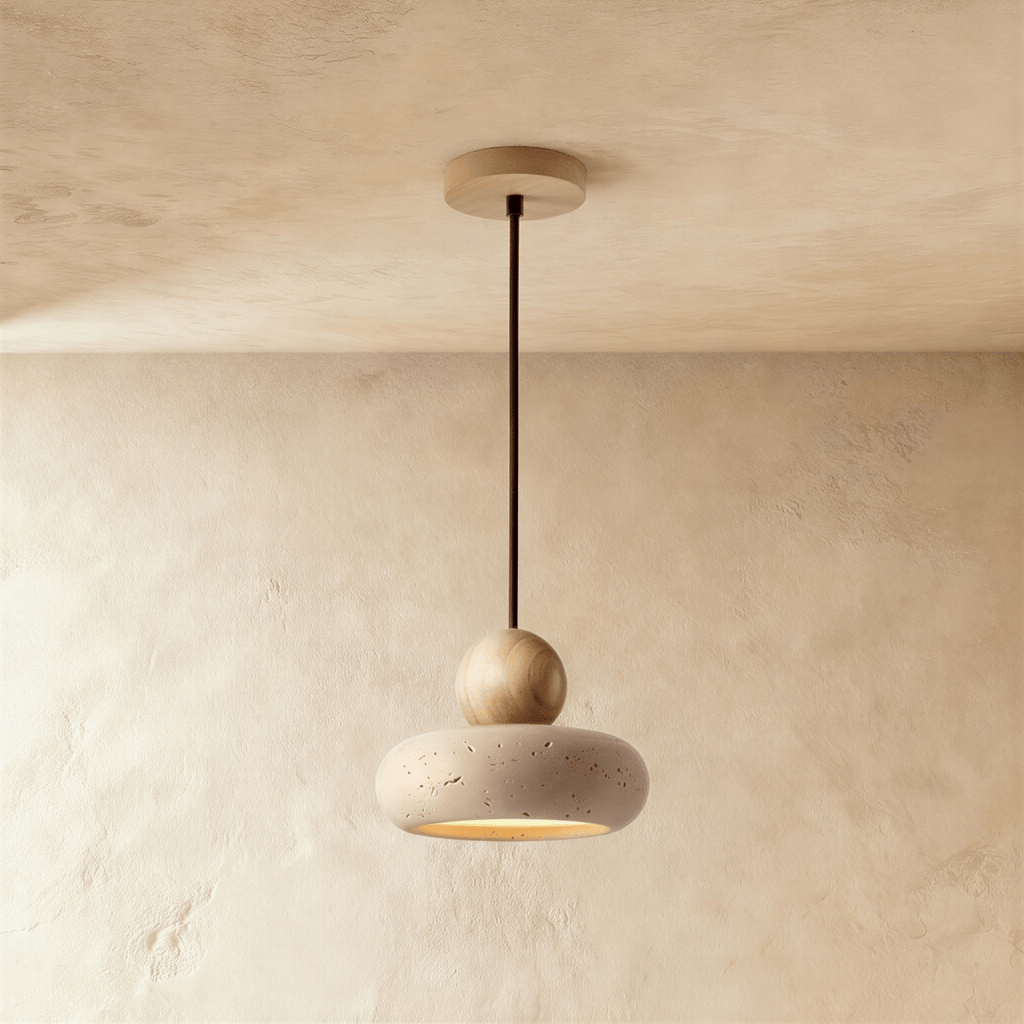 TerraLume Travertine And Wood Pendant Light With Soft Warm Glow
