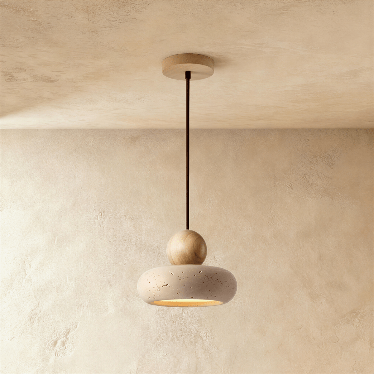 TerraLume Travertine And Wood Pendant Light With Soft Warm Glow