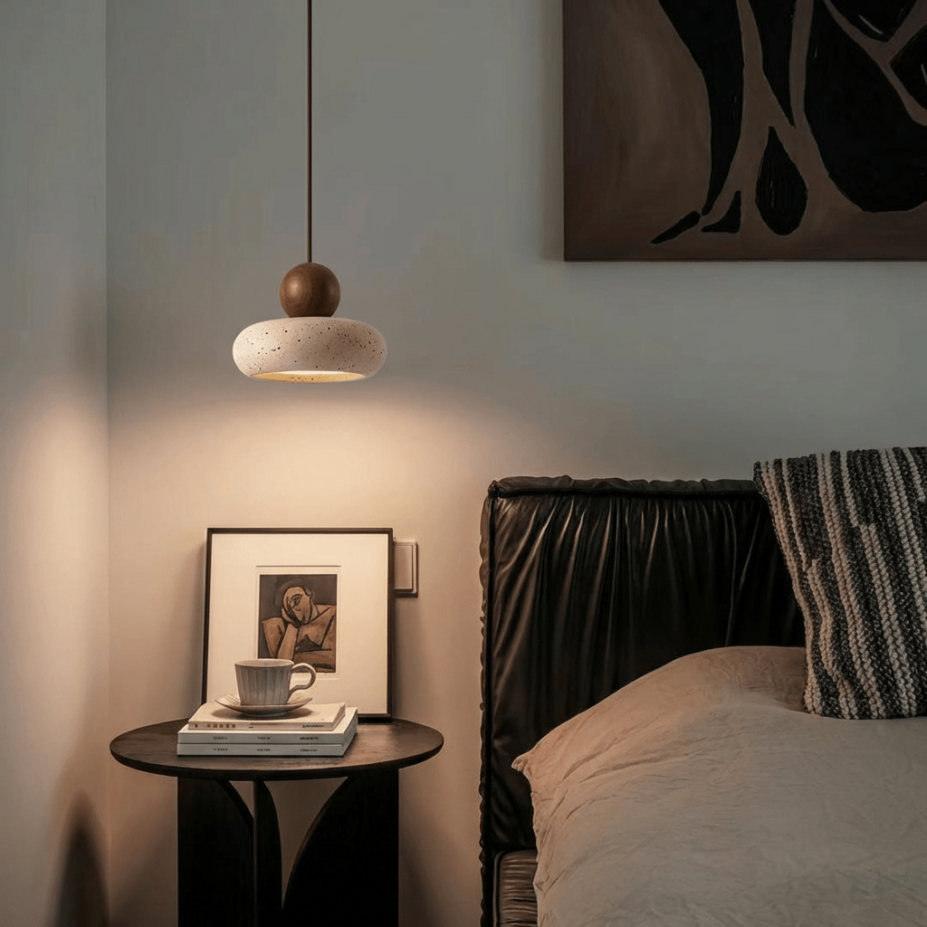 TerraLume Travertine And Wood Pendant Light With Soft Warm Glow
