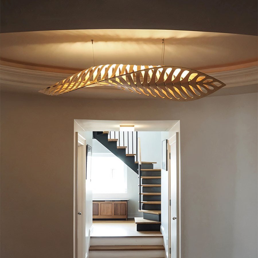 Leafform Pendant Light in Metal and Wood Sculptural Design