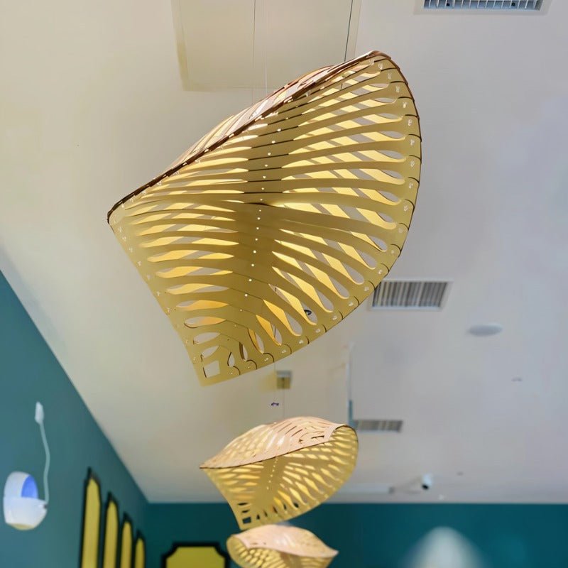 Leafform Pendant Light in Metal and Wood Sculptural Design