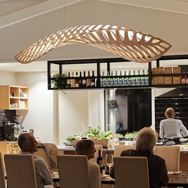 Leafform Pendant Light in Metal and Wood Sculptural Design