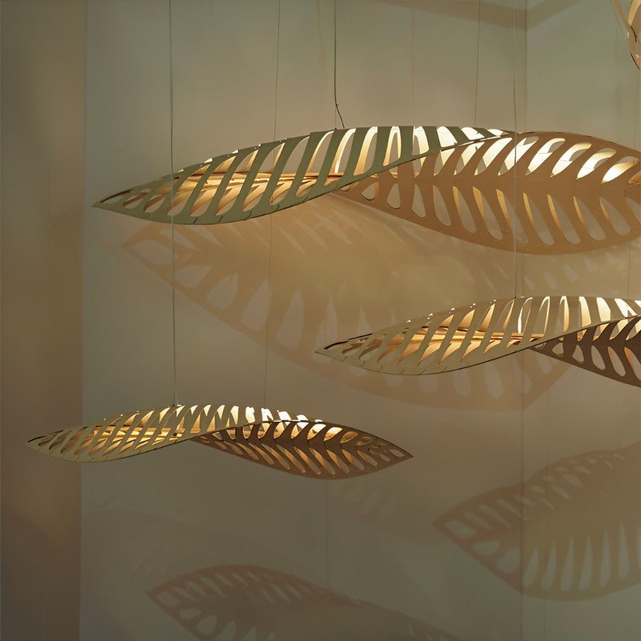 Leafform Pendant Light in Metal and Wood Sculptural Design
