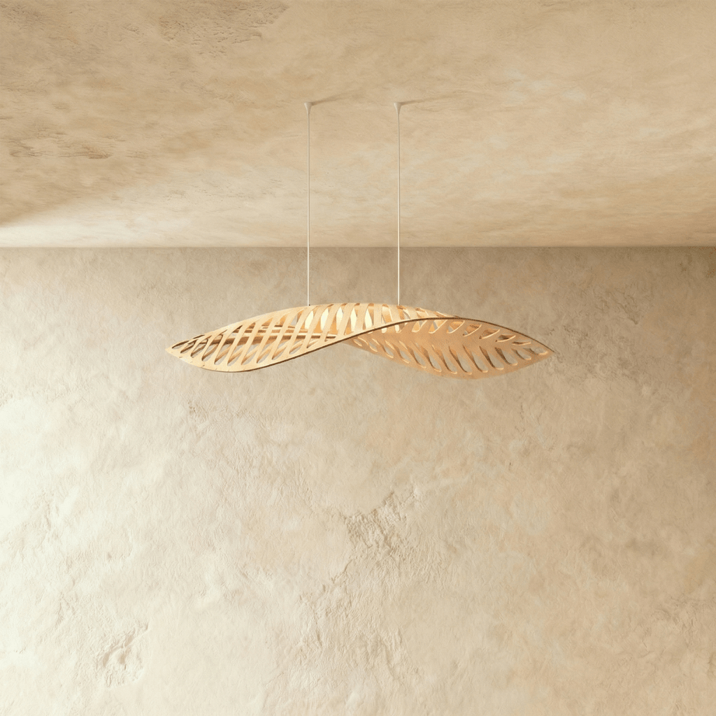 Leafform Pendant Light in Metal and Wood Sculptural Design