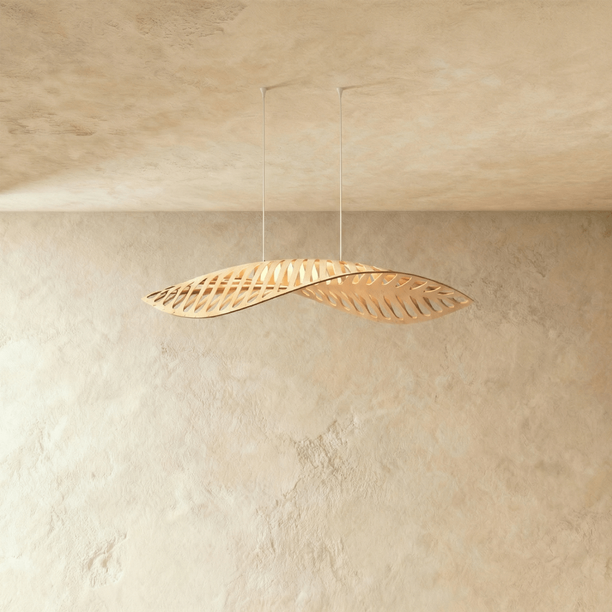 Leafform Pendant Light in Metal and Wood Sculptural Design