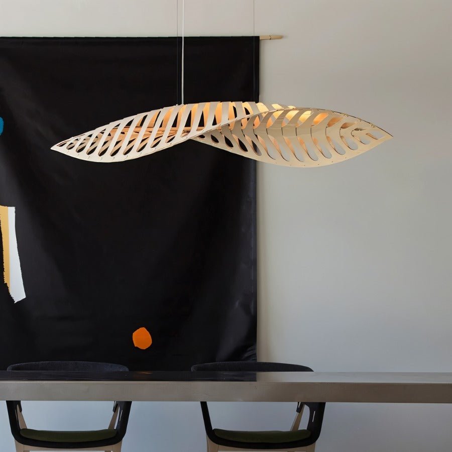 Leafform Pendant Light in Metal and Wood Sculptural Design
