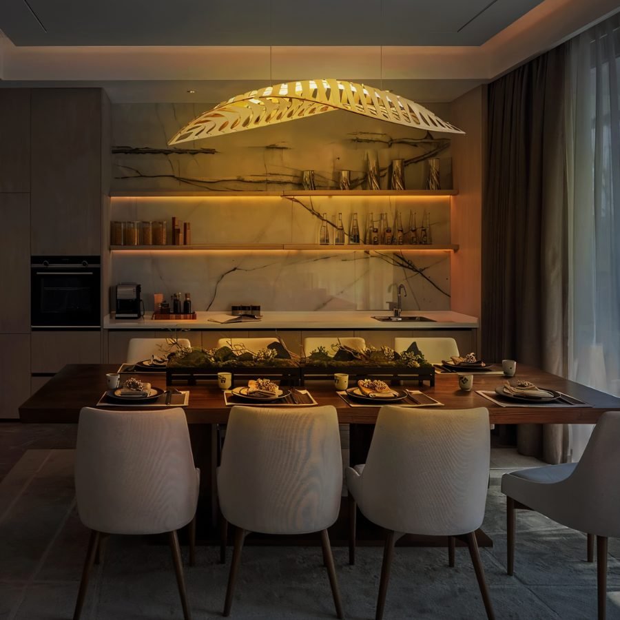 Leafform Pendant Light in Metal and Wood Sculptural Design