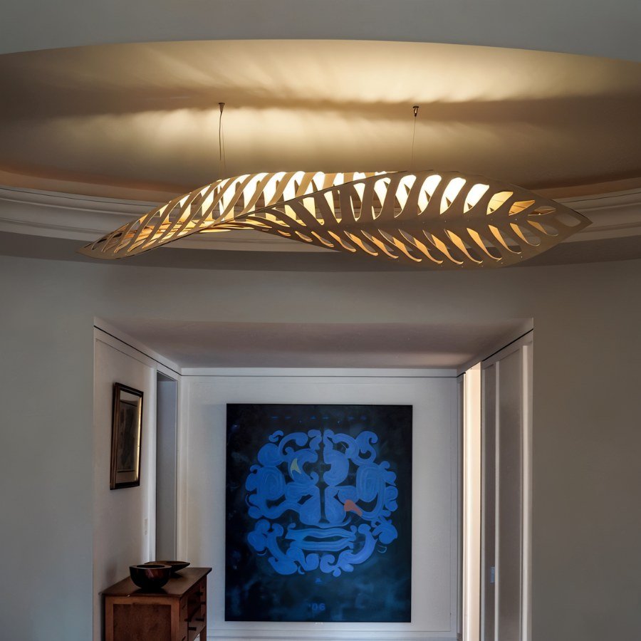Leafform Pendant Light in Metal and Wood Sculptural Design