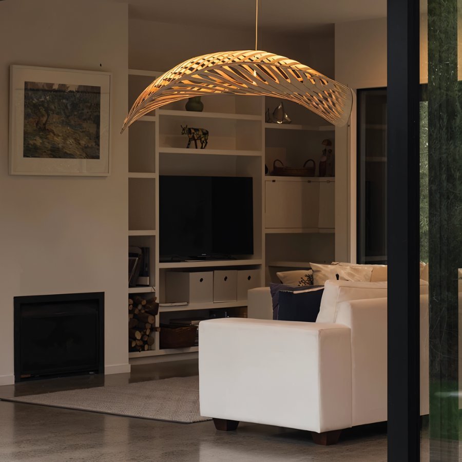 Leafform Pendant Light in Metal and Wood Sculptural Design