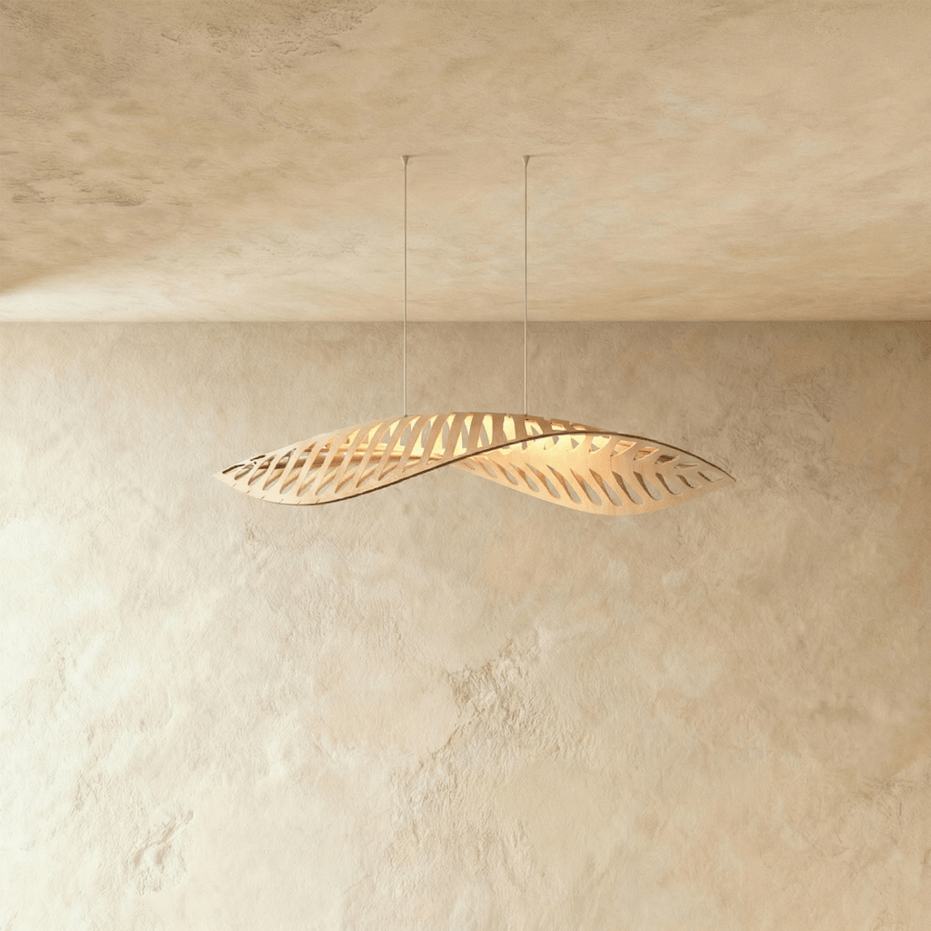 Leafform Pendant Light in Metal and Wood Sculptural Design