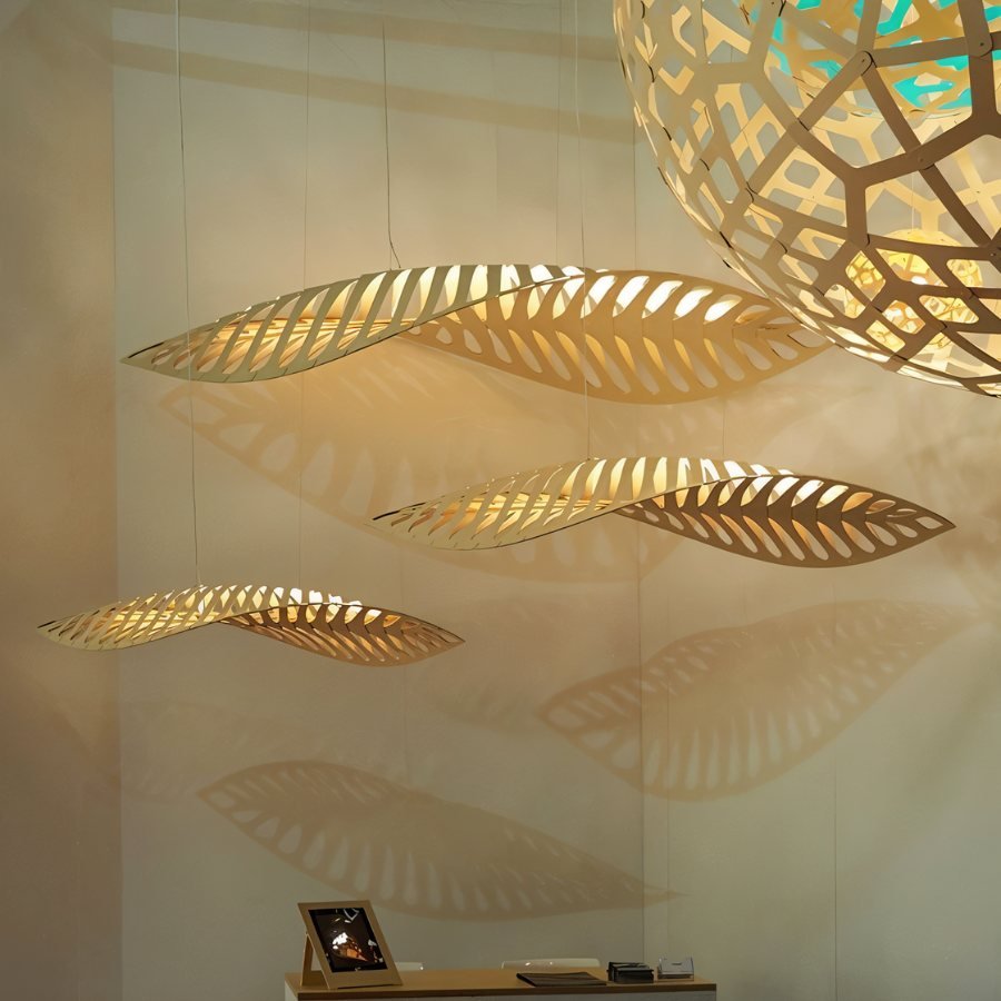 Leafform Pendant Light in Metal and Wood Sculptural Design