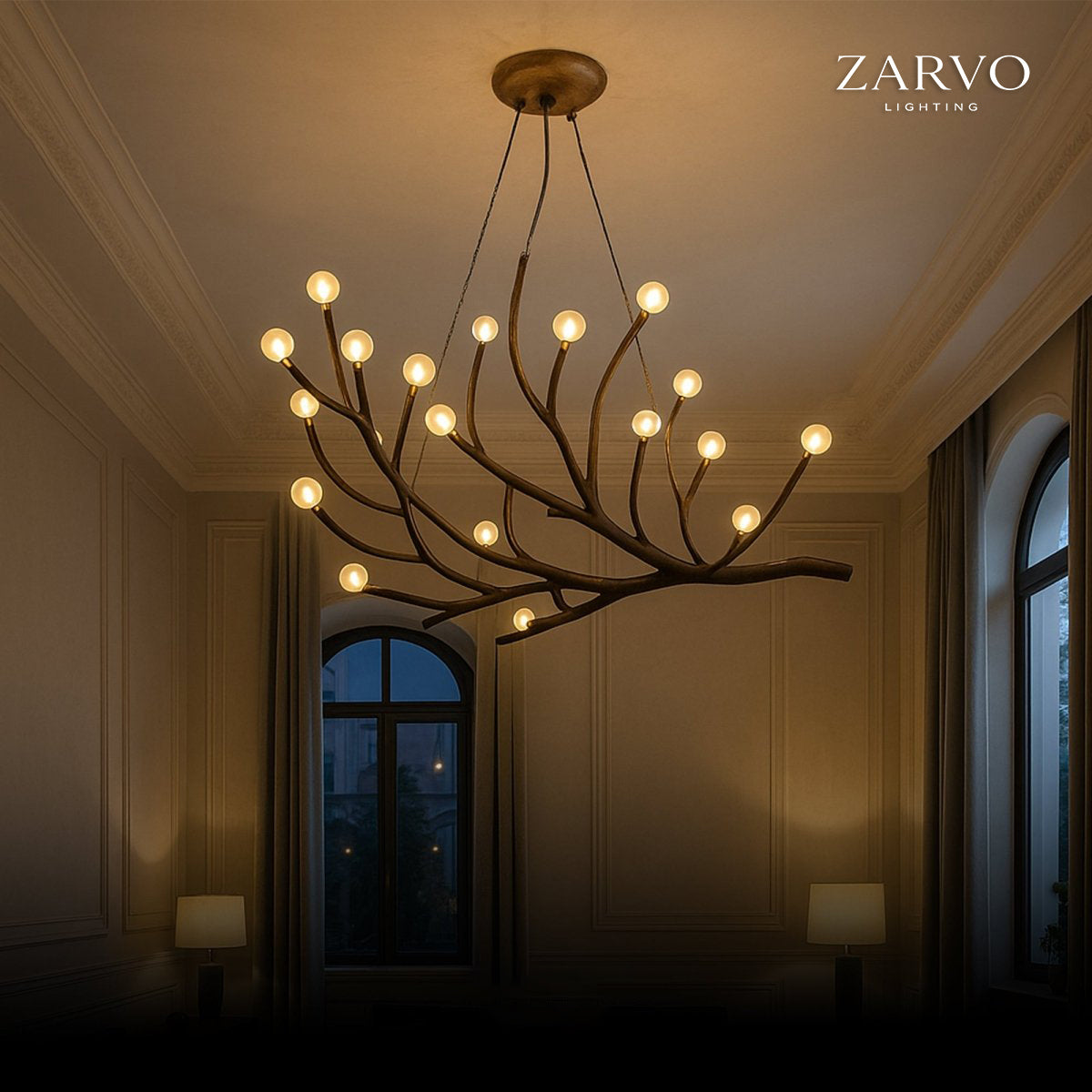 Wood Inspired Aluminum Branch Chandelier With Double Glass Shades