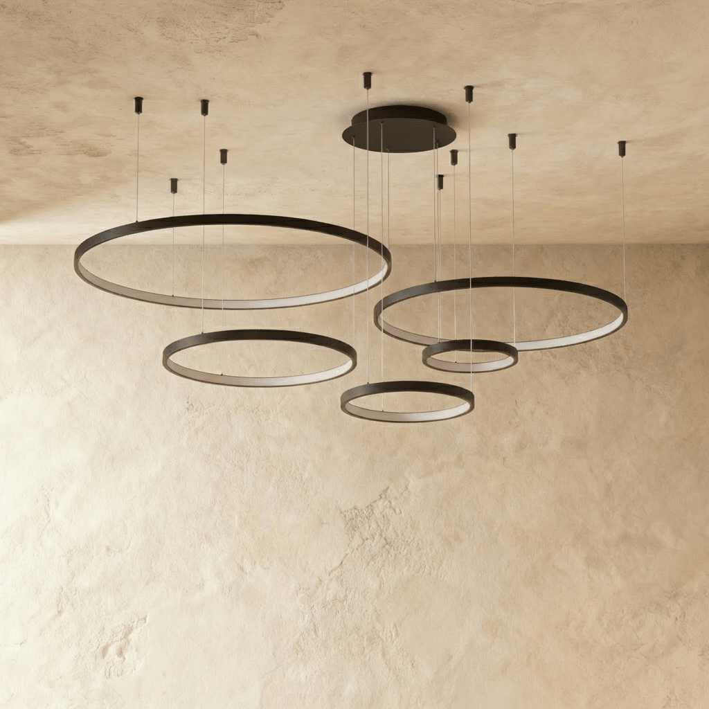 Aurora Circle Chandelier With Soft Halo Lighting Above Dining