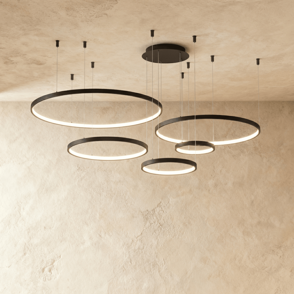Aurora Circle Chandelier With Soft Halo Lighting Above Dining