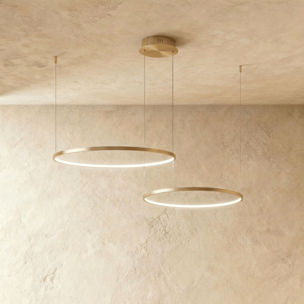 Aurora Circle Chandelier With Soft Halo Lighting Above Dining