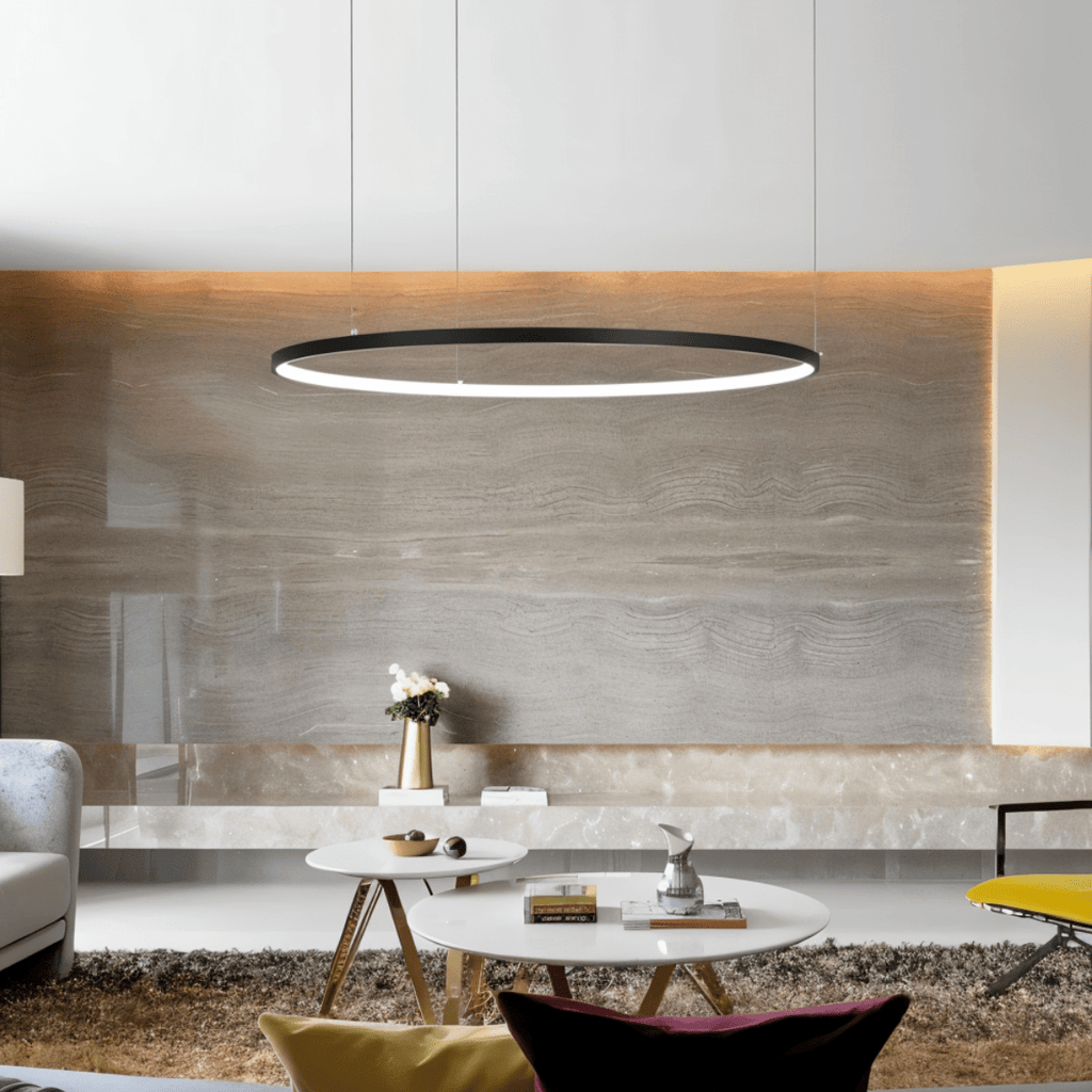 Aurora Circle Chandelier With Soft Halo Lighting Above Dining