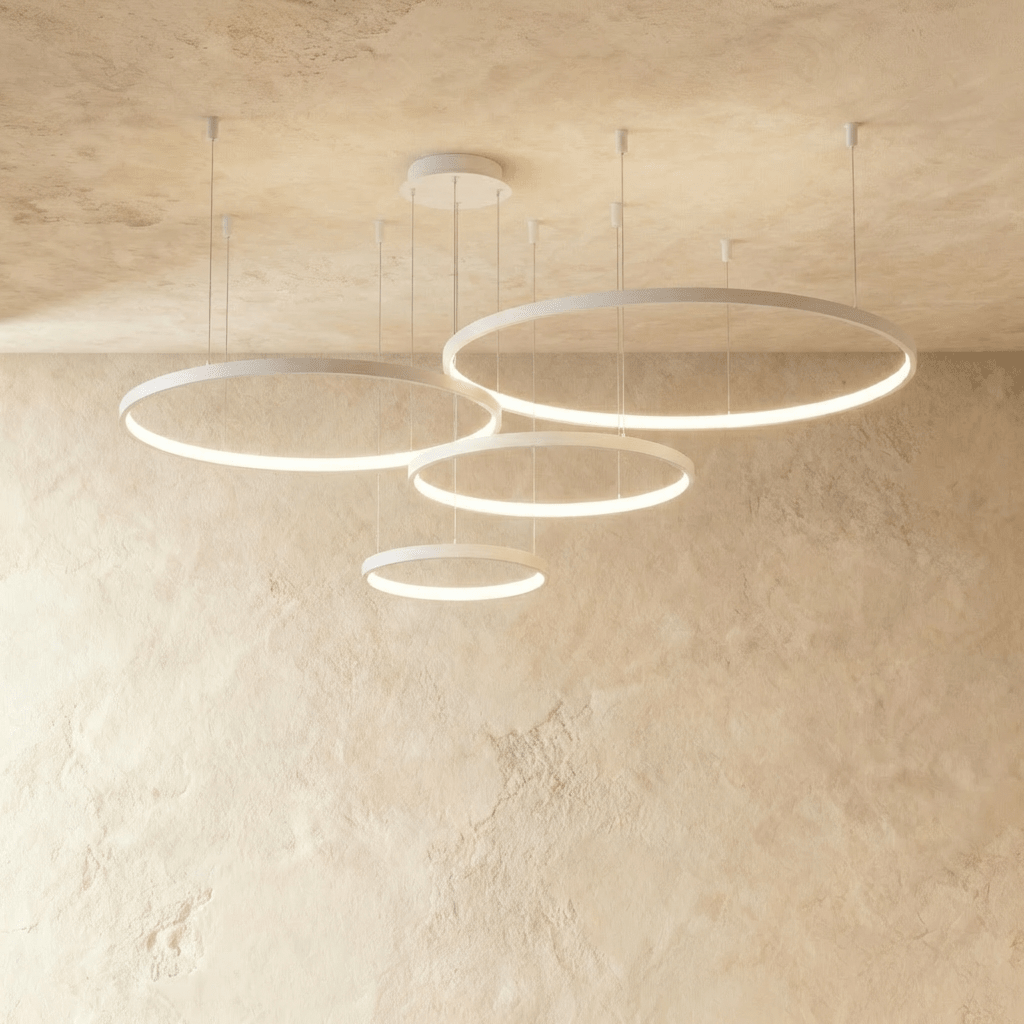 Aurora Circle Chandelier With Soft Halo Lighting Above Dining