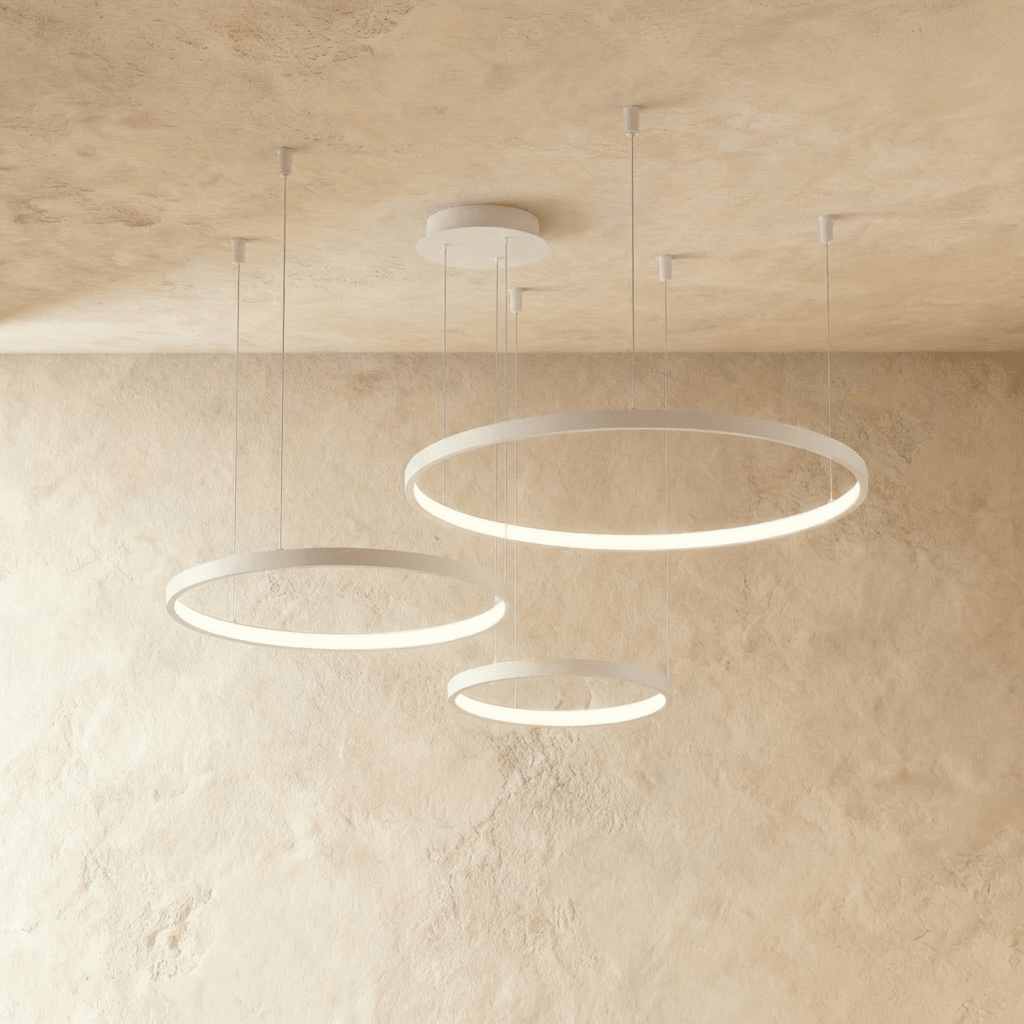 Aurora Circle Chandelier With Soft Halo Lighting Above Dining