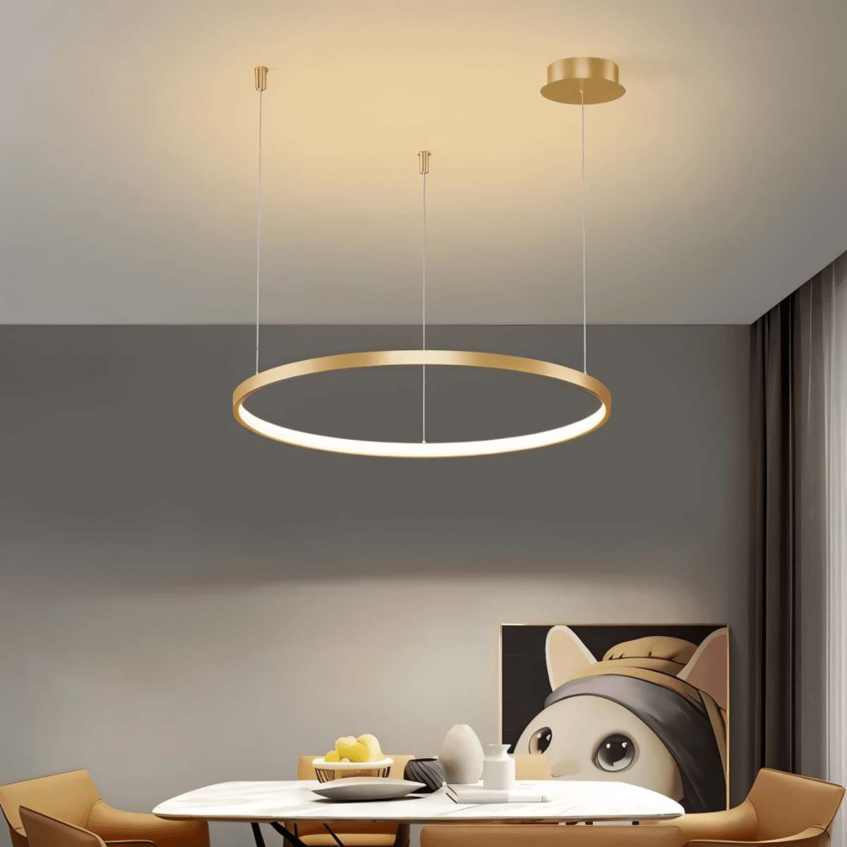 Aurora Circle Chandelier With Soft Halo Lighting Above Dining