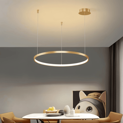 Aurora Circle Chandelier With Soft Halo Lighting Above Dining